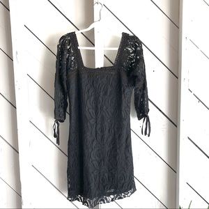 Black Lace Square Neck Shift Dress with ¾ Sleeves